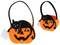 Halloween Koszyk, koszyczek filcowy DYNIA z kotem 13x12,5x6,5 cm (wysokość z rączką 22 cm)