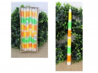 Świeca stożkowa BIAŁA w malowane paski (żółte, pomarańczowe, zielone) 29,5 cm - 1 szt