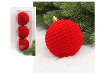 Bombki plastikowe flokowane 8 cm PLECIONY WZÓR - kpl. 3 CZERWONE
