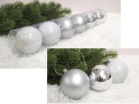 Bombki plastikowe TUBA 8 cm - kpl. 6 SREBRNE (połysk, mat, perła)