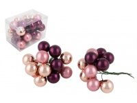 Bombki szkło na druciku dwie wiązki 2,5 cm, kpl 24 szt wys. 11 cm - BORDO, RÓŻ - mix