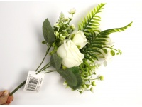 Bukiet, bukiecik RÓŻA z liśćmi paproci wys. 35 cm 5 łodyg (kwiat 4-6 cm) BIAŁY