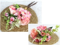 Bukiet mieszany RÓŻA, HORTENSJA wys. 35 cm, 6 łodyg w pęczku (2 róże 8x4,5 cm) RÓŻOWY