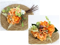 Bukiet mieszany RÓŻA, HORTENSJA wys. 35 cm, 6 łodyg w pęczku (2 róże 8x4,5 cm) POMARAŃCZOWY