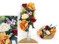 Bukiet mieszany RÓŻA, PIWONIA wys. 46 cm, 9 łodyg (6 kwiatów 9-6 cm) BORDOWO-RUDO-KREMOWA