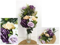 Bukiet mieszany RÓŻA, PIWONIA wys. 46 cm, 9 łodyg (6 kwiatów 9-6 cm) FIOLETOWO ECRU