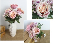 Bukiet mieszany z RÓŻĄ wys. 36 cm, 7 łodyg (4 kwiaty 11x5 cm) RÓŻOWO-FIOLETOWA