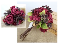 Bukiet, pęczek mieszany RÓŻA, HORTENSJA wys. 34 cm, 9 łodyg (kwiat 7-4 cm) BORDOWY