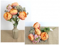 Bukiet PIWONIA z dodatkami wys. 51 cm, 12 łodyg (4 kwiaty 10x6 cm) POMARAŃCZOWY marmurkowy