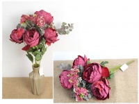 Bukiet PIWONIA z dodatkami wys. 51 cm, 12 łodyg (4 kwiaty 10x6 cm) BORDOWY marmurkowy