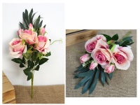 Bukiet RÓŻA wys. 36 cm, 6 łodyg (3 kwiaty 10x6 cm, 3 pąki) RÓŻOWA cieniowana