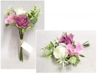 Bukiet RÓŻA z dodatkami wys. 30 cm, 5 łodyg (2 kwiaty 8-5 cm) - FIOLETOWO-BIAŁY