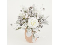 Bukiet świąteczny, mieszany Z RÓŻĄ BIAŁĄ wys. 38 cm, 7 łodyg (3 kwiaty 9x5 cm) posypany śniegiem