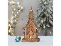Dekoracja świąteczna LED drewniana KOŚCIÓŁ ozdabiany cekinami i brokatem 39 cm