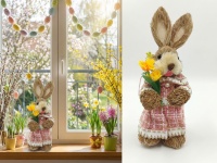 Dekoracja wielkanocna styropian-siano ZAJĄC w różowej sukience 22x8 cm