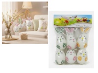 Dekoracja zawieszka wielkanocna JAJKO 6 cm kpl. białe ZAJĄC kpl 6 szt 