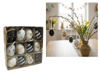 Dekoracja zawieszka wielkanocna JAJKO 6 cm  w kartonie białe, czarne PASY, KWIATY, KROPKI kpl. 12 szt