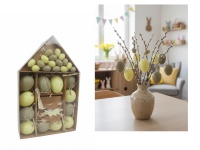 Dekoracja zawieszka wielkanocna JAJKO  w kartonie 2,5-6 cm pastelowe żółte i beżowe NAKRAPIANE kpl. 31 el