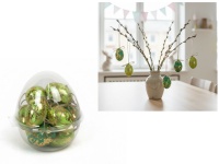 Dekoracja zawieszka wielkanocna JAJKO 6 cm w plastikowym pudełku zielone, pistacjowe POZŁACANE kpl. 12 szt