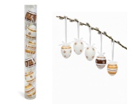 Dekoracja zawieszka wielkanocna JAJKO 6 cm w tubie białe BRĄZOWY WZÓR kpl. 6 szt