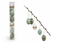 Dekoracja zawieszka wielkanocna JAJKO 6 cm w tubie białe, zielone ZŁOTO-BIAŁY WZÓR kpl. 6 szt w tubie