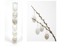 Dekoracja zawieszka wielkanocna JAJKO 6 cm w tubie białe ZŁOTY WZÓR kpl. 6 szt