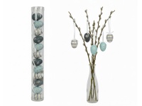 Dekoracja zawieszka wielkanocna JAJKO 4 cm w tubie białe, błękitne, szare KWIATY PASY kpl. 12 szt