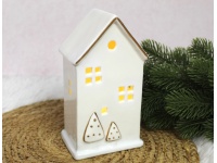 Figurka ceramiczna DOMEK świecący LED 17x9,5x7 cm BIAŁY złote malowanie (BX24289-1)