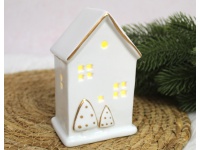 Figurka ceramiczna DOMEK świecący LED 12x7,5x5,5 cm BIAŁY złote malowanie (BX24289-2)