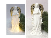 Figurka ceramiczny, ażur ANIOŁ LED 21z8x7,5 cm BIAŁY ze złotymi skrzydłami