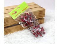 Gałązka dekoracyjna wys. 15 cm CZERWONE KULKI posypane śniegiem kpl 6 szt w folii