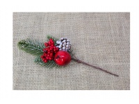 Gałązka sztuczna BOŻONARODZENIOWA czerwone kuleczki jabłko i szyszka 24 cm -  1 szt