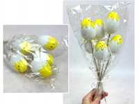 Jajko plastikowe (6 cm) na piku 20 cm biało-żółte pisanka - kpl 6 szt