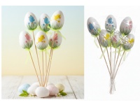 Jajko plastikowe (6 cm) na piku białe kurczak na trawce 26 cm - kpl 6 szt