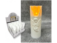 Znicz, WKŁAD LED plastik z migającym płomieniem tłoczony aniołek BIAŁE CIEPŁE światło 5,2x15 cm