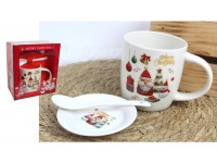 Kubek ceramiczny z łyżką i podstawkiem ŚWIĄTECZNY w kartoniku 17x15x9 cm MIX WZORÓW