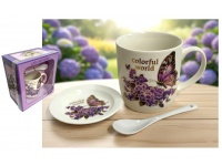 Kubek ceramiczny z talerzykiem i łyżeczką LAWENDA 350 ml kpl 3 el.