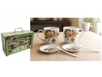 Kubek ceramiczny z talerzykiem i łyżeczką KWIATY 350 ml kpl 6 el.