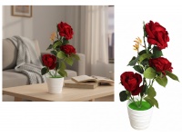 Kwiat RÓŻA w plastikowej doniczce wys. 38 cm (3 główki 12 cm) CZERWONA
