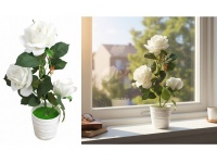 Kwiat RÓŻA w plastikowej doniczce wys. 38 cm (3 główki 12 cm) BIAŁA