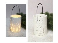 Lampion ceramiczny, ażur 13x9 cm biały z czarną rączką