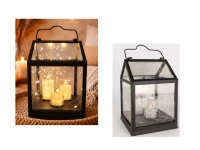 Latarenka LED szkło-plastik DOMEK trzy świece z lampkami 28x14x14 cm