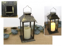  Latarnia, latarenka plastik-szkło z jedną świecą SOLARNA LED daszek skośny 34,5x14 cm CZARNO ZŁOTA
