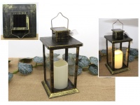  Latarnia, latarenka plastik-szkło z jedną świecą SOLARNA LED daszek prosty 33x14 cm CZARNO ZŁOTA