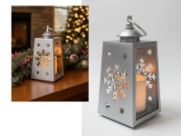 Latarnia, latarenka świąteczna PŁATEK ŚNIEGU ze świecą szkło-plastik 24x10x10 cm - SREBRNA