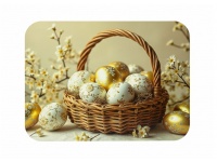 Mata stołowa 40x30 cm PISANKI BIAŁO-ZŁOTE W KOSZYCZKU WIKLINOWYM