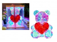 Miś, niedźwiadek 30 cm LED USB w pudełku TRANSPARENTNY holograficzny z CZERWONYM SERCEM