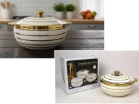 Naczynie ceramiczne z pokrywką tłoczony wzór, złote pasy 22x16 cm