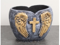 Osłonka betonowa SERCE ZE ZŁOTYMI SKRZYDŁAMI I KRZYŻEM 20x16,5x15 cm GRAFITOWA