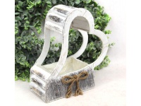 Osłonka drewniana SERCE z folią i kokardą 26x12x11 cm BIAŁA z przetarciami